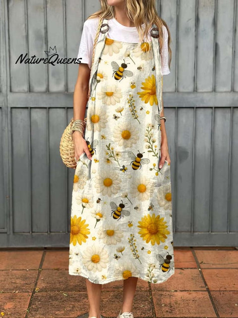 Women's Lovely Sunflower Bees Art Print Cotton Pocket Suspender Dress