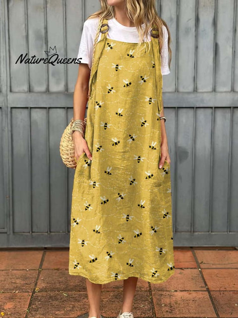 Women's Lovely Bees Art Print Cotton Pocket Suspender Dress