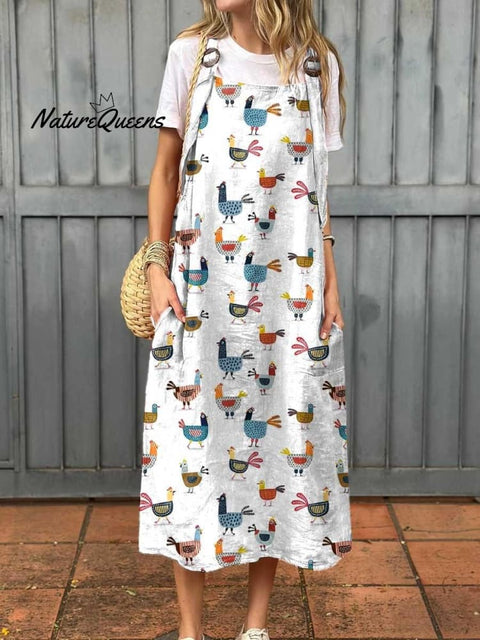 Women's Lovely Chicken Art Print Cotton Pocket Suspender Dress