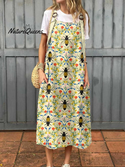 Women's Lovely Flower Bees Art Print Cotton Pocket Suspender Dress
