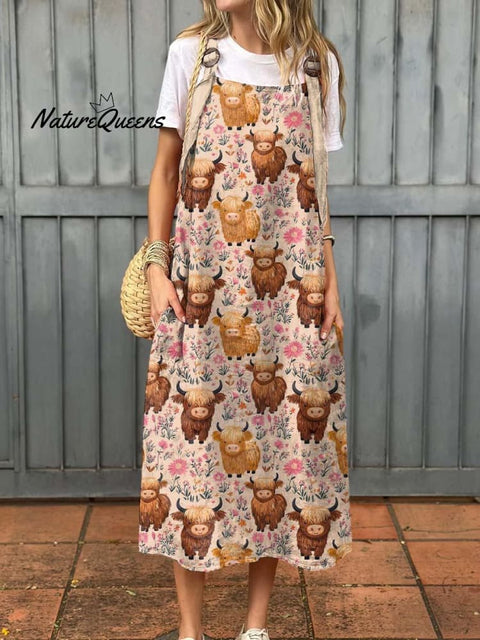 Women's Lovely Flower Cow Art Print Cotton Pocket Suspender Dress