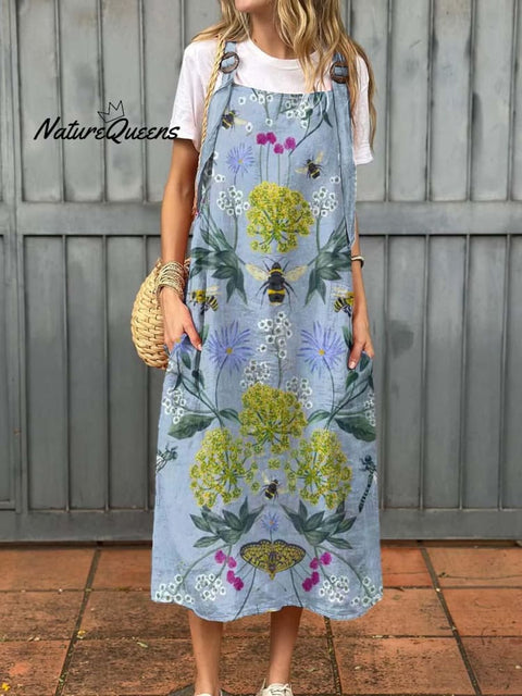 Women's Lovely Flower Bees Art Print Cotton Pocket Suspender Dress