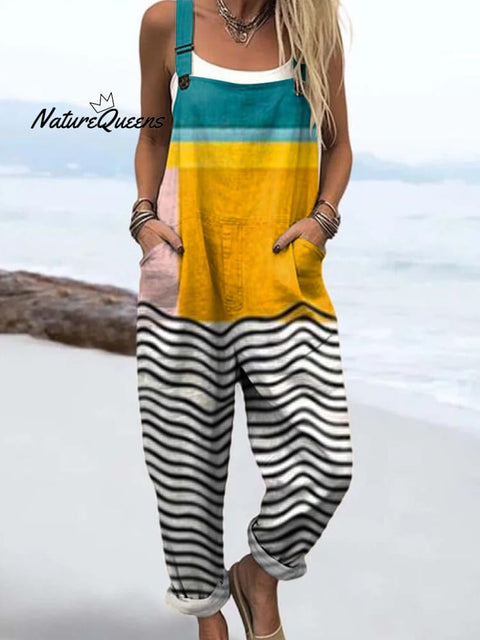 Women's Abstract Geometric Pattern Art Print Casual 100% Cotton Wide Leg Jumpsuit