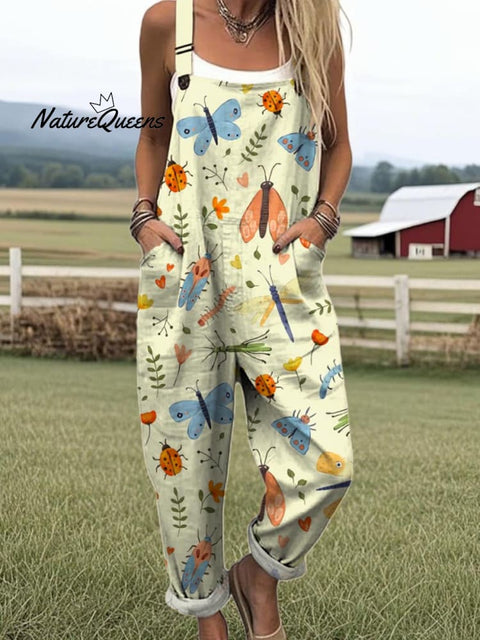 Women's Funny Insects Pattern Art Print Casual 100% Cotton Wide Leg Jumpsuit
