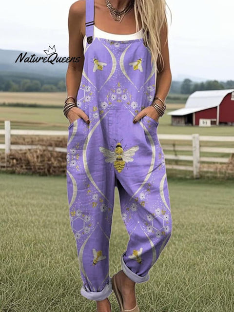 Women's Lovely Floral Bees Pattern Art Print Casual 100% Cotton Wide Leg Jumpsuit