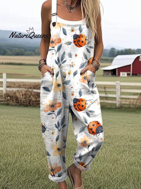 Women's Floral Insects Pattern Art Print Casual 100% Cotton Wide Leg Jumpsuit