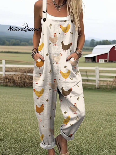 Women's Lovely Chicken Pattern Art Print Casual 100% Cotton Wide Leg Jumpsuit