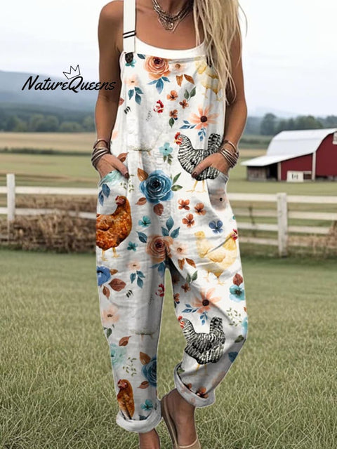 Women's Lovely Chicken Pattern Art Print Casual 100% Cotton Wide Leg Jumpsuit