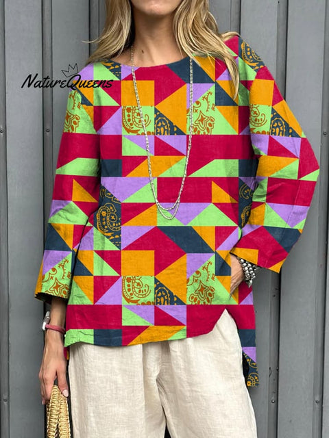 Women's Geometric Floral Art Print Casual Cotton And Linen Shirt