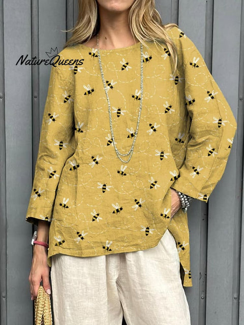 Women's Lovely Bees Art Print Casual Cotton And Linen Shirt