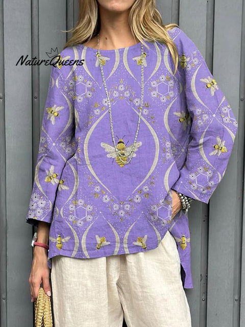 Women's Lovely Bees Art Print Casual Cotton And Linen Shirt