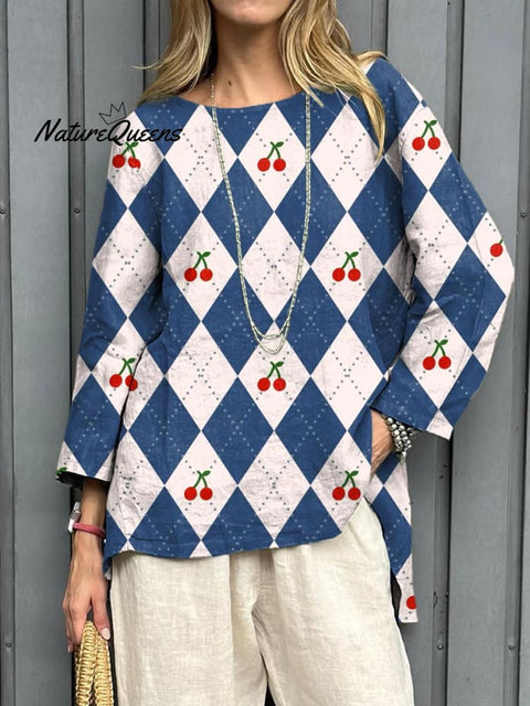 Women's Cherry Geometric Pattern Art Print Casual Cotton And Linen Shirt