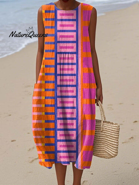 Women's Abstract Geometric Pattern Art Print Sleeveless Cotton Pocket Wrap Dress