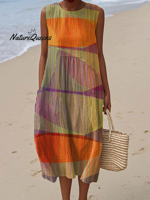 Women's Abstract Geometric Pattern Art Print Sleeveless Cotton Pocket Wrap Dress