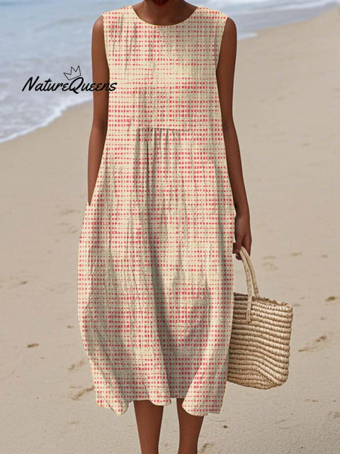 Women's Abstract Plaid Pattern Art Print Sleeveless Cotton Pocket Wrap Dress
