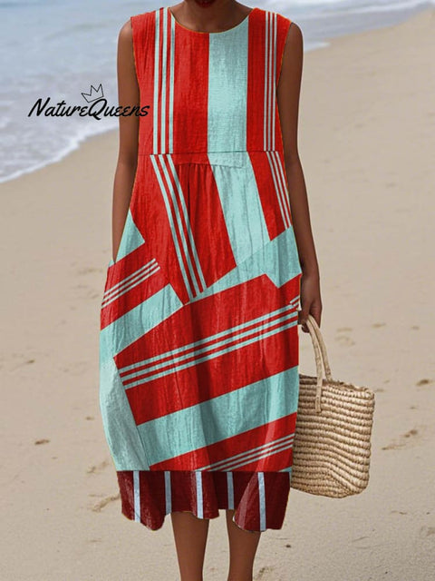 Women's Abstract Geometric Pattern Art Print Sleeveless Cotton Pocket Wrap Dress