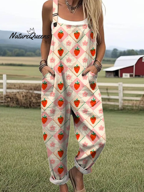 Women's Lovely Strawberry Art Print Casual 100% Cotton Wide Leg Jumpsuit