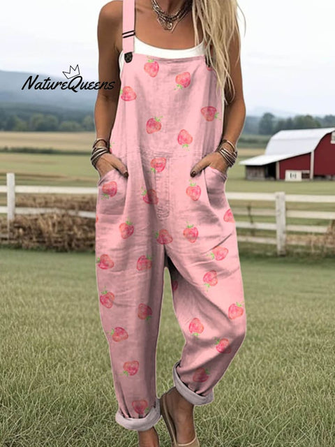 Women's Lovely Strawberry Art Print Casual 100% Cotton Wide Leg Jumpsuit