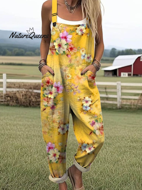 Women's Lovely Floral Art Print Casual 100% Cotton Wide Leg Jumpsuit