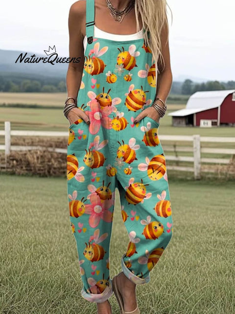 Women's Lovely Floral Bees Art Print Casual 100% Cotton Wide Leg Jumpsuit