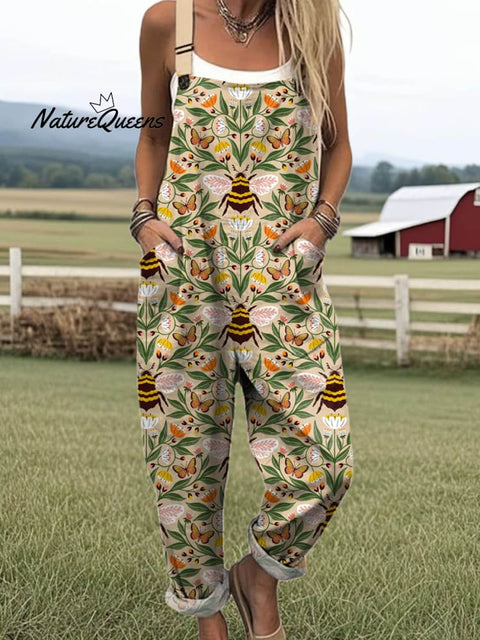 Women's Lovely Floral Bees Art Print Casual 100% Cotton Wide Leg Jumpsuit