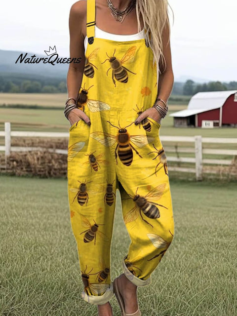 Women's Lovely Bees Art Print Casual 100% Cotton Wide Leg Jumpsuit
