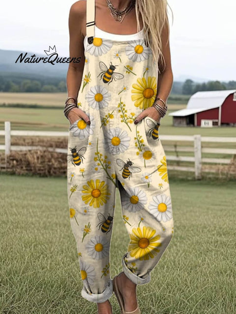 Women's Lovely Floral Bees Art Print Casual 100% Cotton Wide Leg Jumpsuit