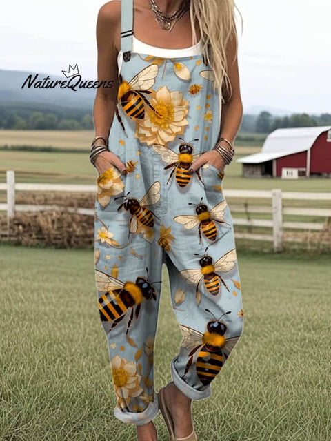 Women's Lovely Floral Bees Art Print Casual 100% Cotton Wide Leg Jumpsuit