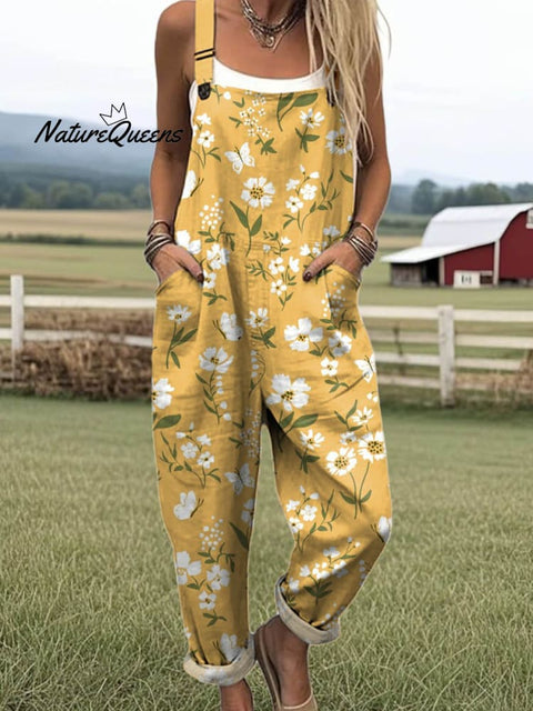Women's Lovely Floral Art Print Casual 100% Cotton Wide Leg Jumpsuit