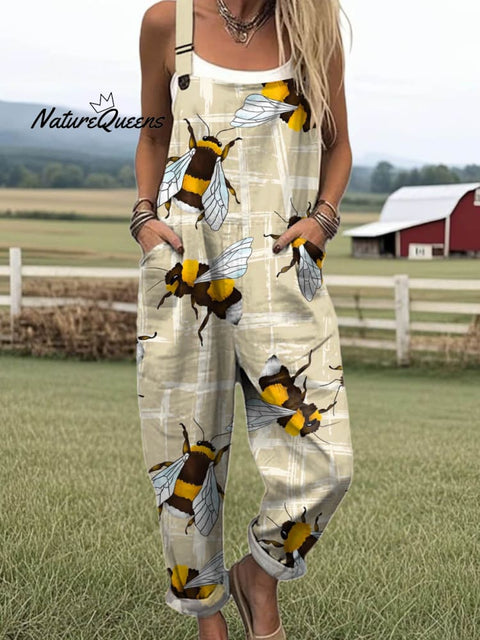 Women's Lovely Bees Art Print Casual 100% Cotton Wide Leg Jumpsuit