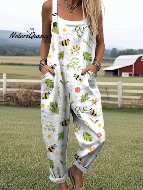 Women's Lovely Floral Bees Art Print Casual 100% Cotton Wide Leg Jumpsuit