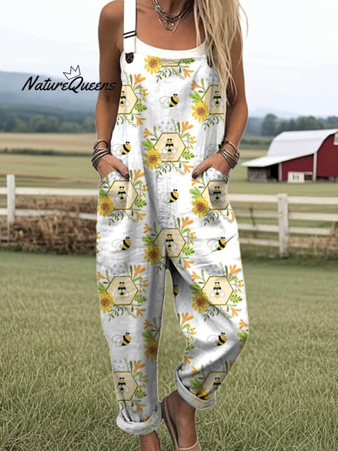 Women's Lovely Floral Bees Art Print Casual 100% Cotton Wide Leg Jumpsuit