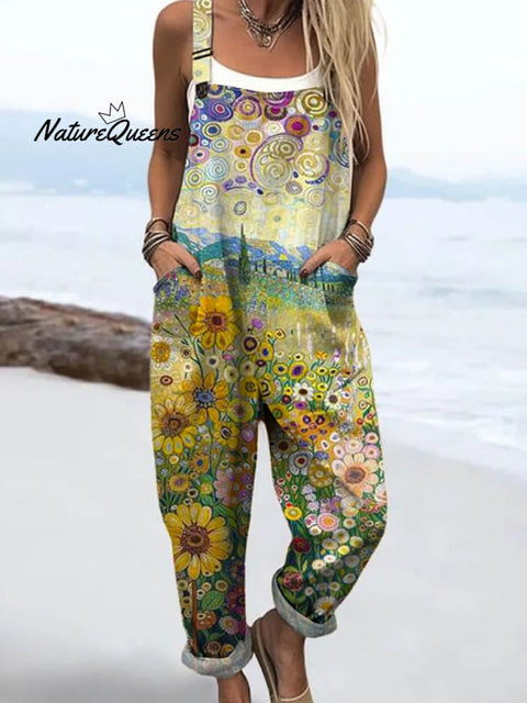 Women's Lovely Floral Art Print Casual 100% Cotton Wide Leg Jumpsuit