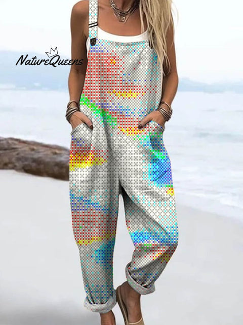 Women's Abstract Geometric Pattern Art Print Casual 100% Cotton Wide Leg Jumpsuit