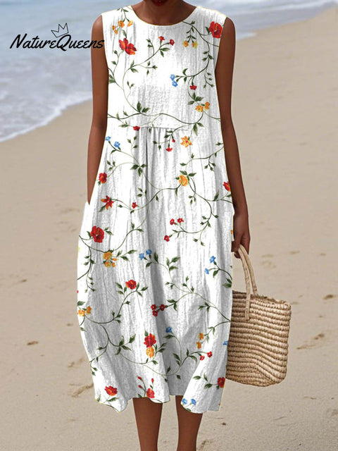 Women's Lovely Floral Pattern Art Print Sleeveless Cotton Pocket Wrap Dress
