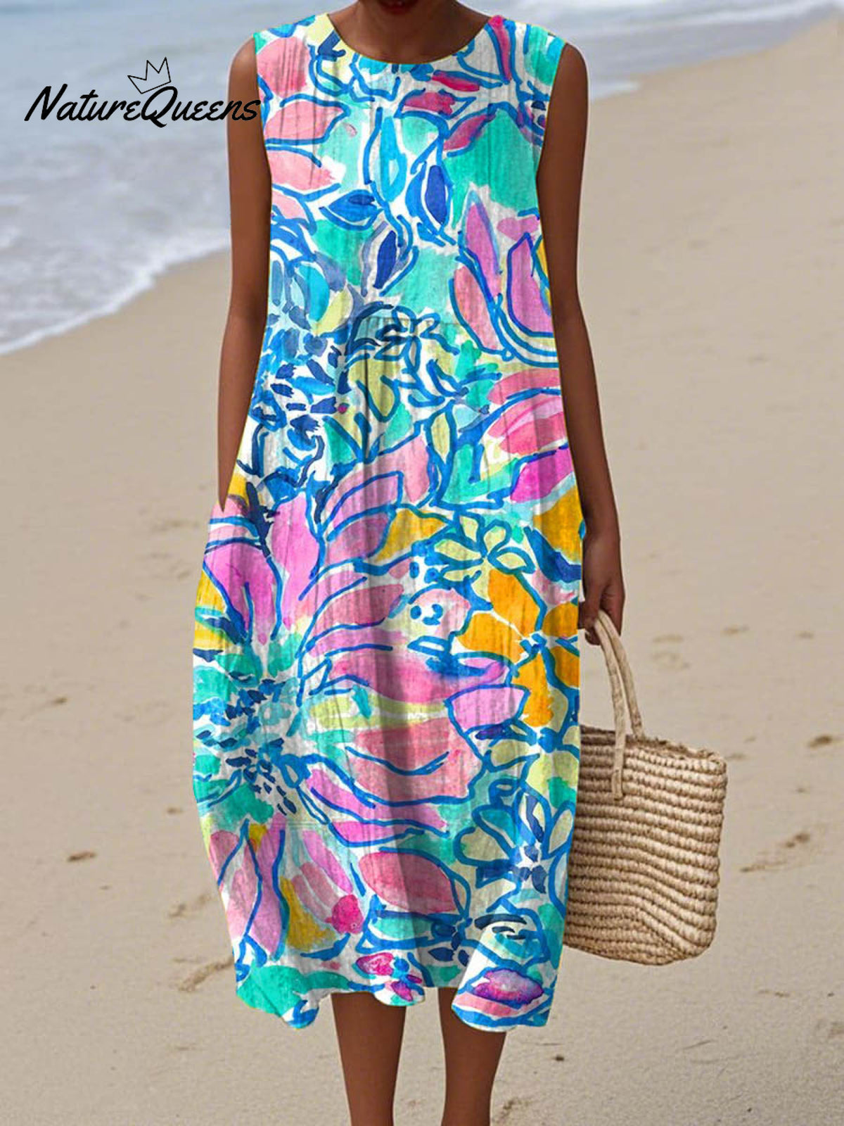 Women's Lovely Floral Pattern Art Print Sleeveless Cotton Pocket Wrap Dress