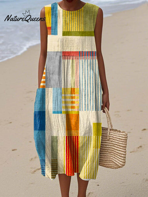 Women's Abstract Geometric Pattern Art Print Sleeveless Cotton Pocket Wrap Dress