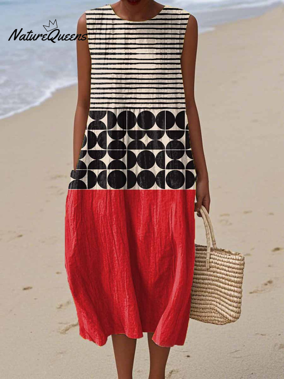 Women's Abstract Geometric Pattern Art Print Sleeveless Cotton Pocket Wrap Dress