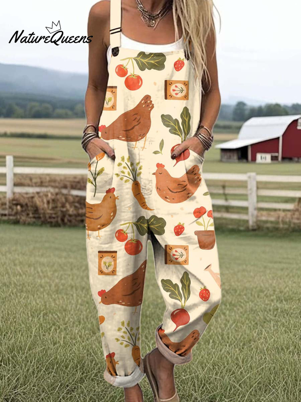 Women's Cute Garden Chicken Art Print Casual 100% Cotton Wide Leg Jumpsuit