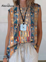 Women's Abstract Geometric Pattern Art Print Casual Cotton And Linen Tank Top