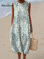 Women's Vintage Leaves Pattern Art Print Sleeveless Cotton Pocket Wrap Dress