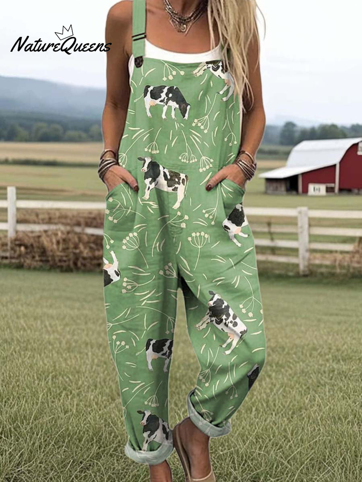 Women's Lovely Cow Art Print Casual 100% Cotton Wide Leg Jumpsuit