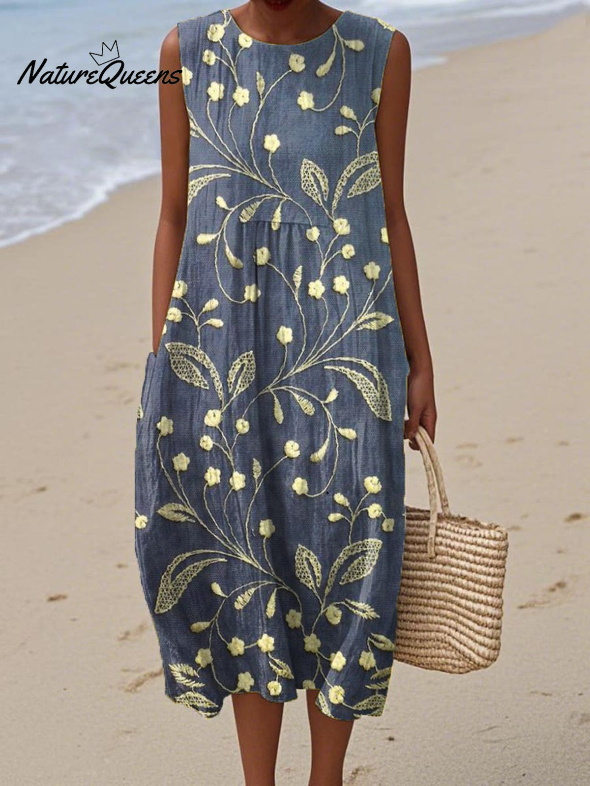 Women's Vintage Floral Pattern Art Print Sleeveless Cotton Pocket Wrap Dress