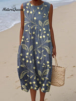 Women's Vintage Floral Pattern Art Print Sleeveless Cotton Pocket Wrap Dress