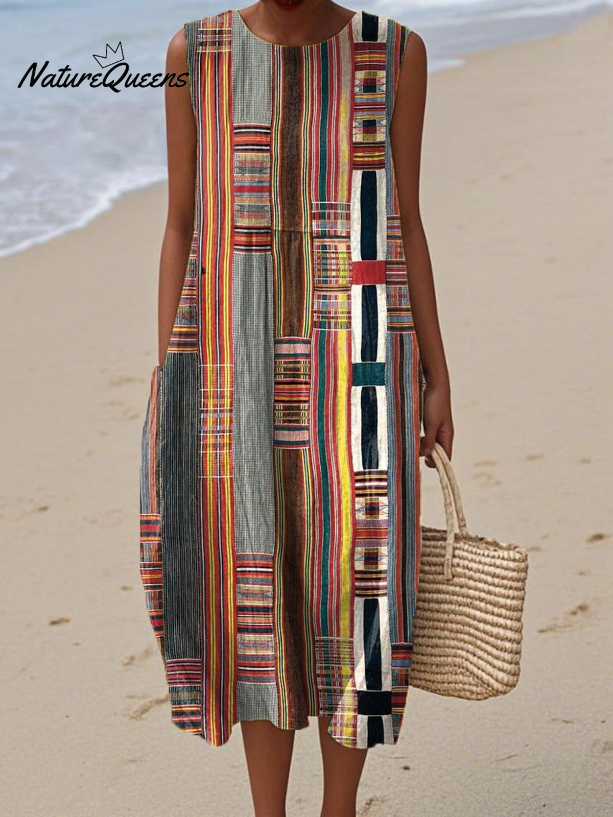 Women's Abstract Geometric Pattern Art Print Sleeveless Cotton Pocket Wrap Dress