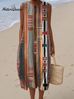 Women's Abstract Geometric Pattern Art Print Sleeveless Cotton Pocket Wrap Dress