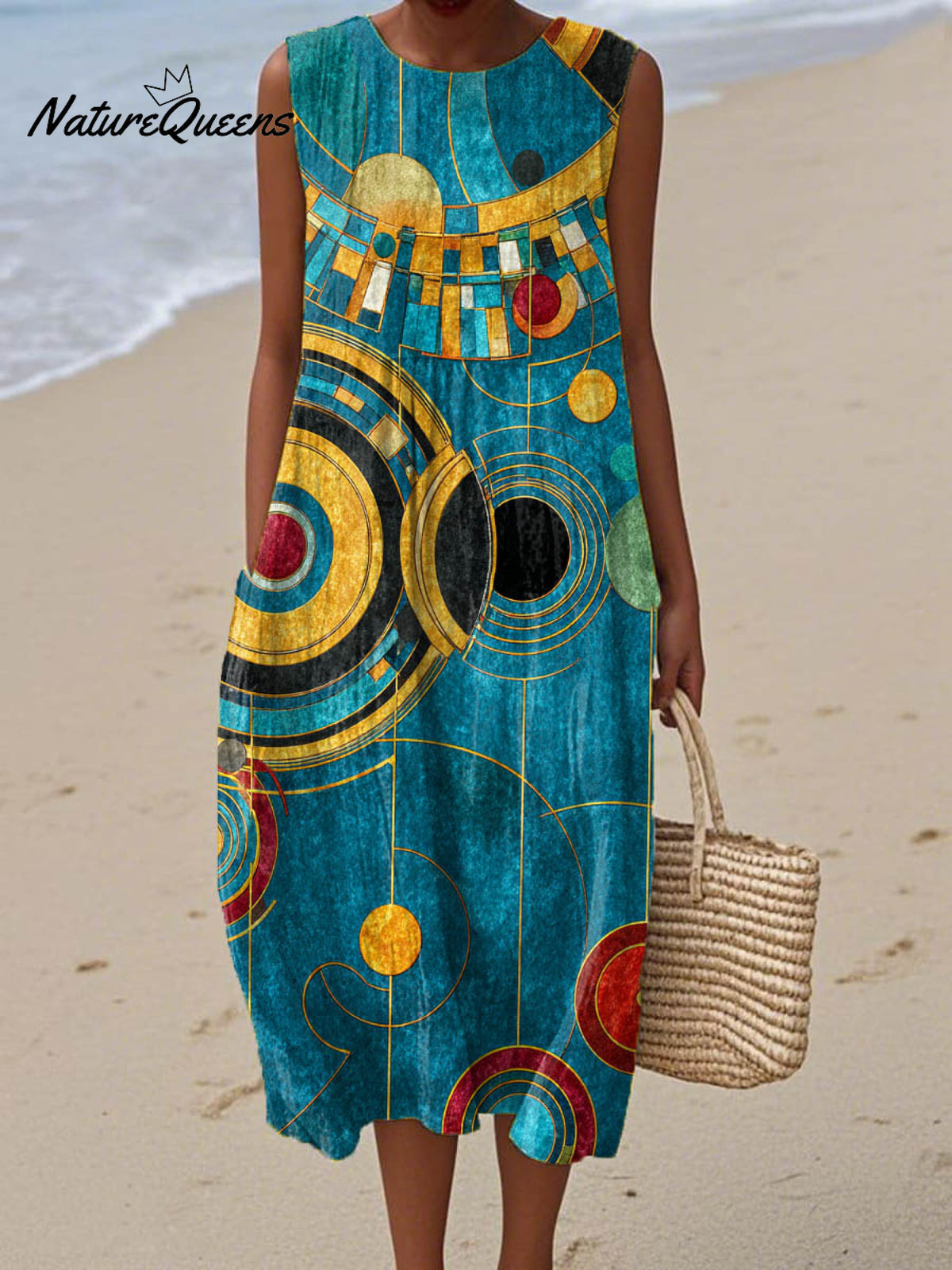 Women's Geometric Pattern Art Print Sleeveless Cotton Pocket Wrap Dress