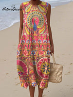 Women's Vintage Pattern Art Print Sleeveless Cotton Pocket Wrap Dress
