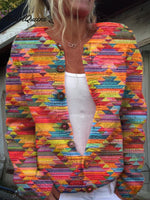 Women's Vintage Geometric Pattern Art Print Buttoned Cardigan Sweater