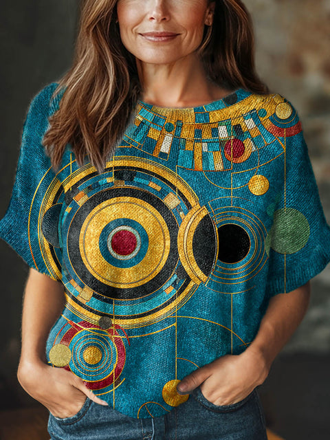 Women's Abstract Geometric Pattern Art Print Casual Crew Neck Short Sleeve Knitted Sweater